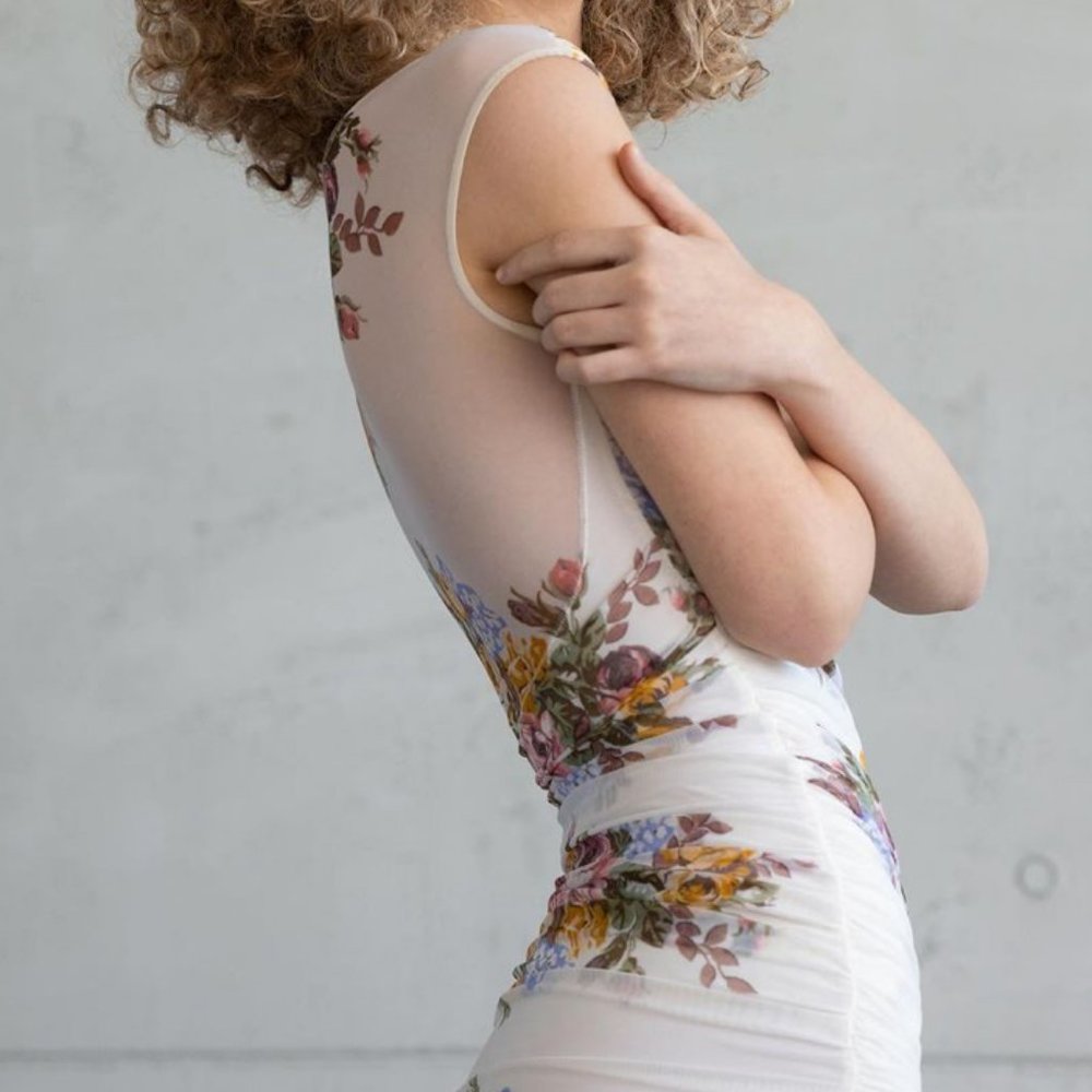 90s Oceano (Gruppo La Perla) mini bodycmesh dress in off white with floral print